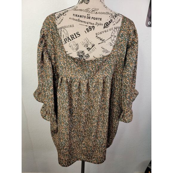 Arula Babydoll Top Sz C 3X Square Neck Green Floral Short Sleeve Ruffle Bohemian - Picture 6 of 10